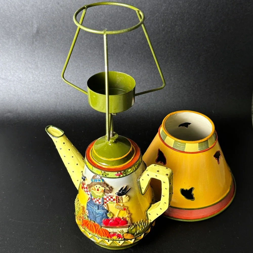Vintage Harvest Scarecrow Teapot Tealight Candle Holder Ceramic Fall Decor Shade